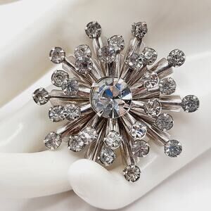 Vintage 1950s Snowflake Rhinestone Brooch, Clear Sparkling Stones, Just Under 2”